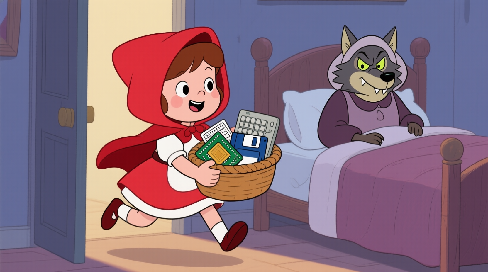 Little Red Riding Hood brings Computer parts to the Wolf